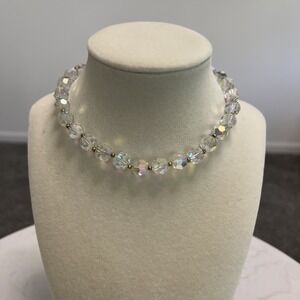 Vintage Lisner AB Crystal Glass Beads 15" Necklace Choker Colorplay Signed‎